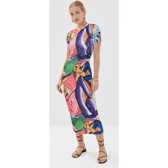 Stella Jean Short Sleeved Midi Dress Corta Colorful Print Stretch Womens 40 US 4 - Picture 1 of 16